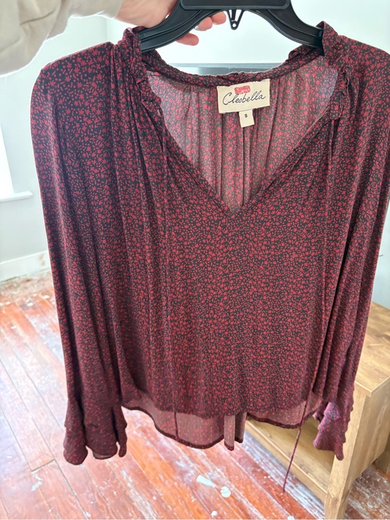 Cleobella Tops - Cleobella Burgundy Red Micro Floral V-Neck Ruffle Blouse